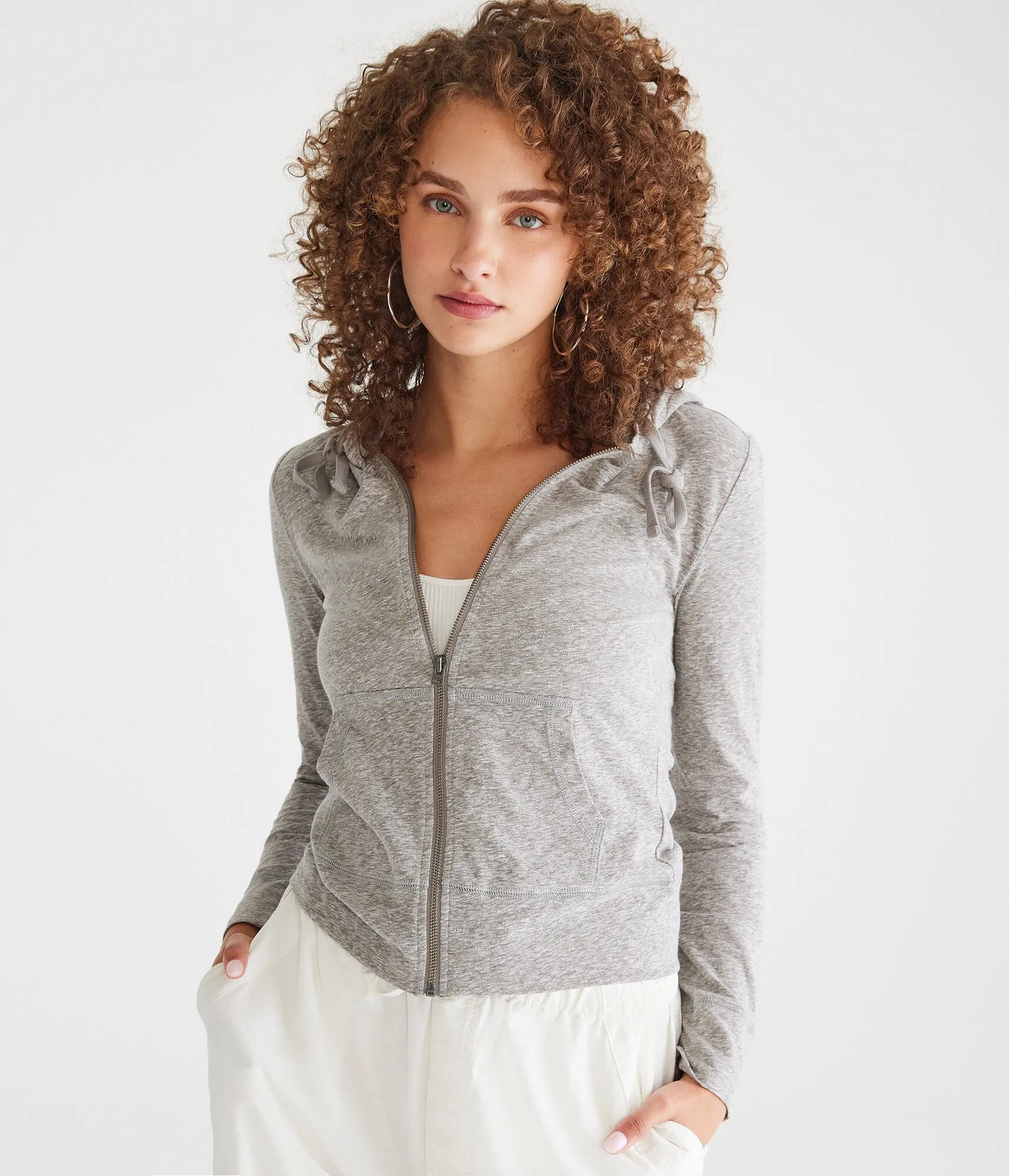 Aeropostale Sweat à capuche femme léger unie avec fermeture éclair - Gris - Taille S - Spandex - Mode adolescente & Vêtements Med Hthr Gris Aeropostale