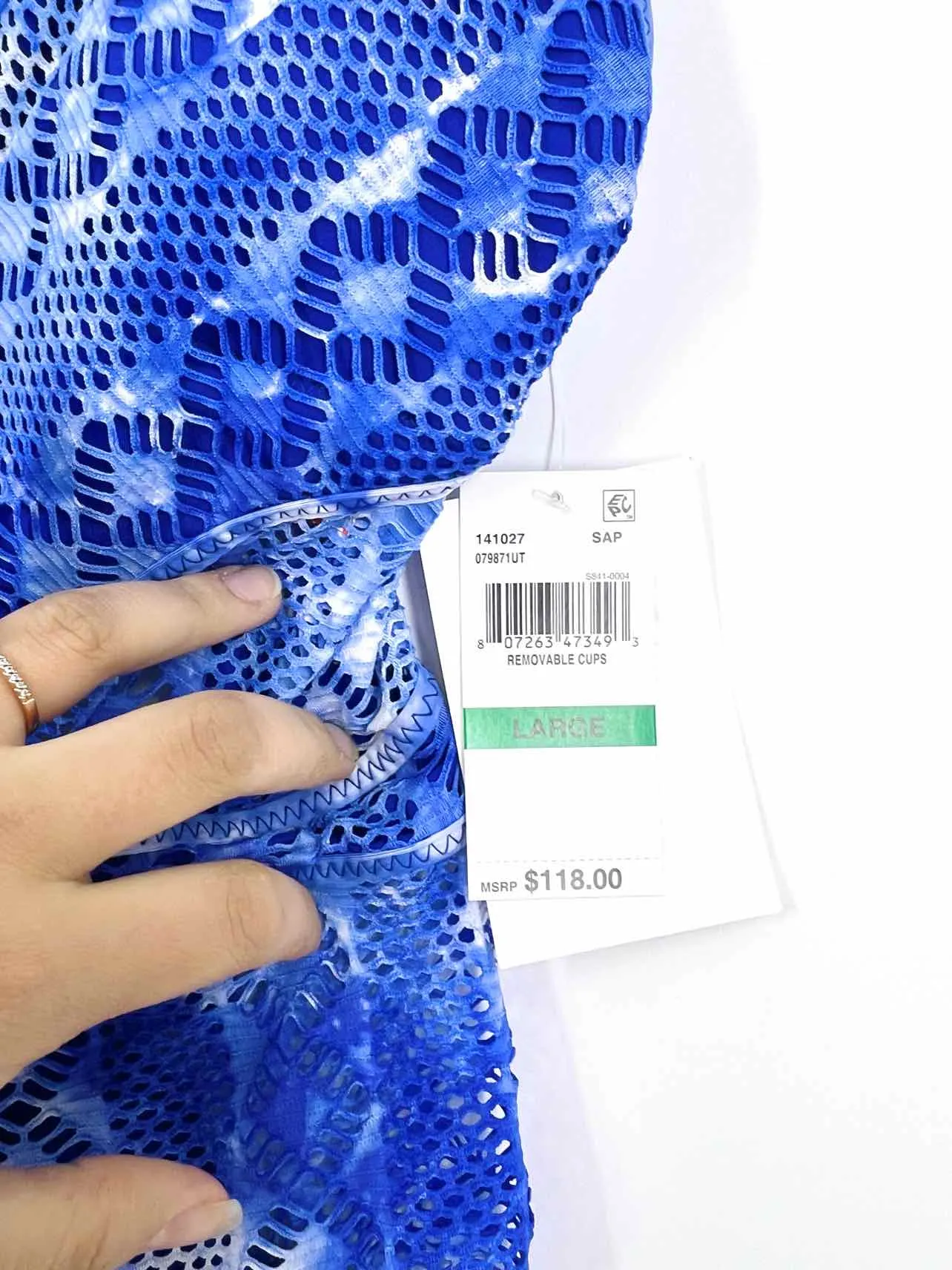 Becca Maillot de bain Taille L Bleu/Blanc Imprimé Maille NEUF