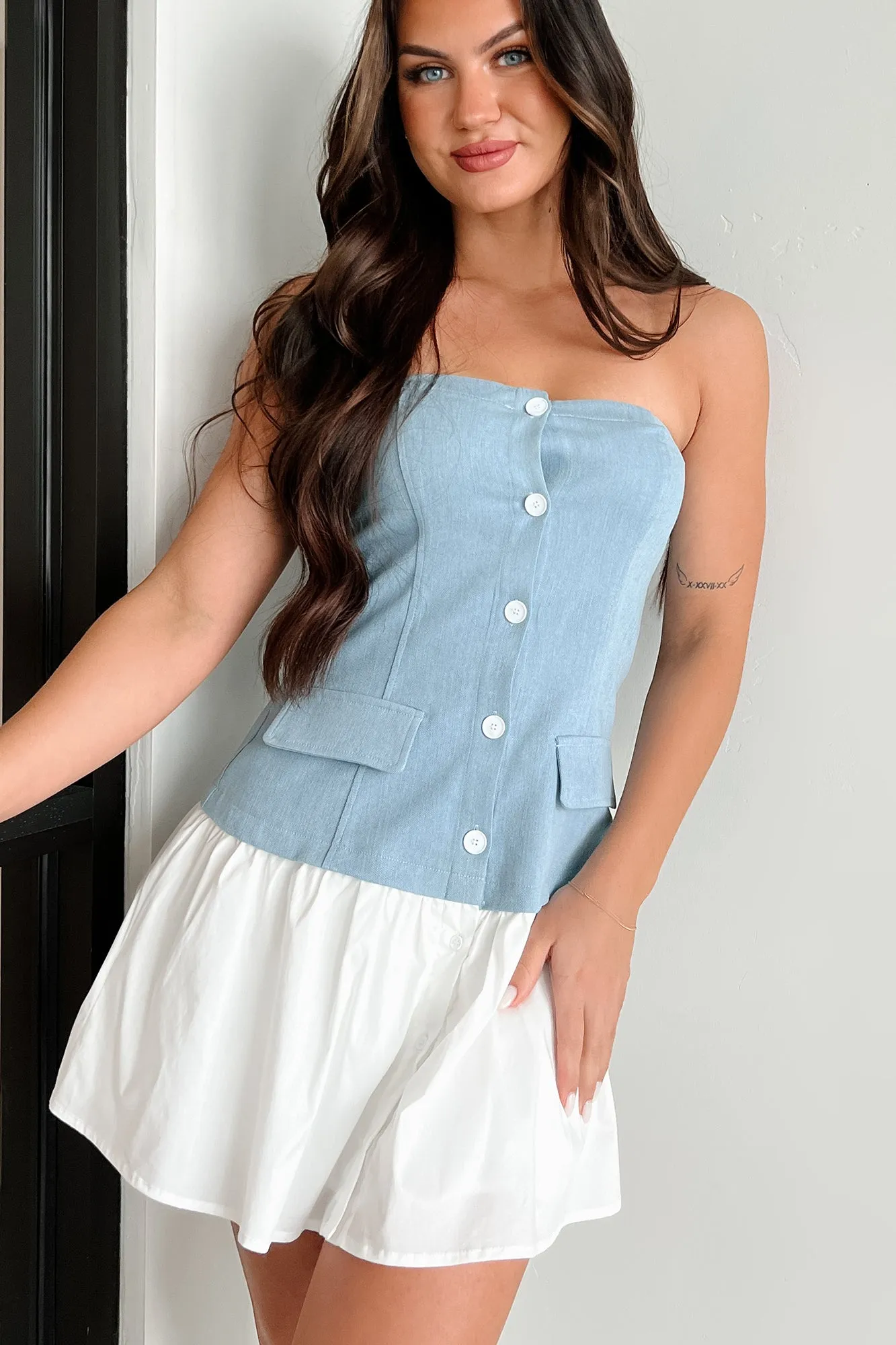 Robe mini en jean sans bretelles Chasing My Passions (Bleu denim)