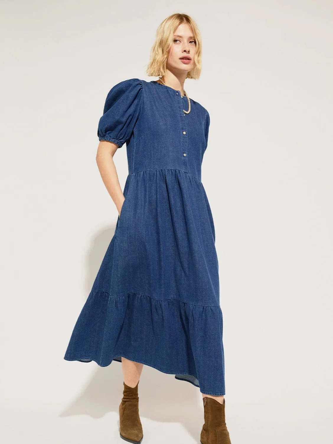 Robe midi en denim bio Clementina | Indigo moyen