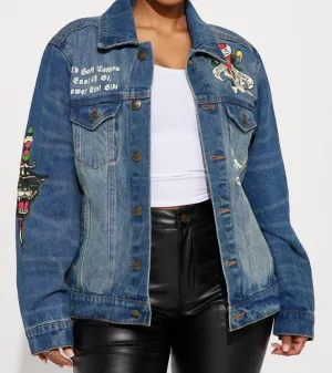 Veste en jean à motif crâne enflammé