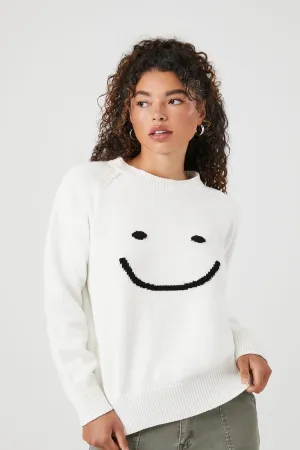 Forever 21 Pull Femme à Motif Visage Souriant en Maille Blanc/Multicolore Forever 21