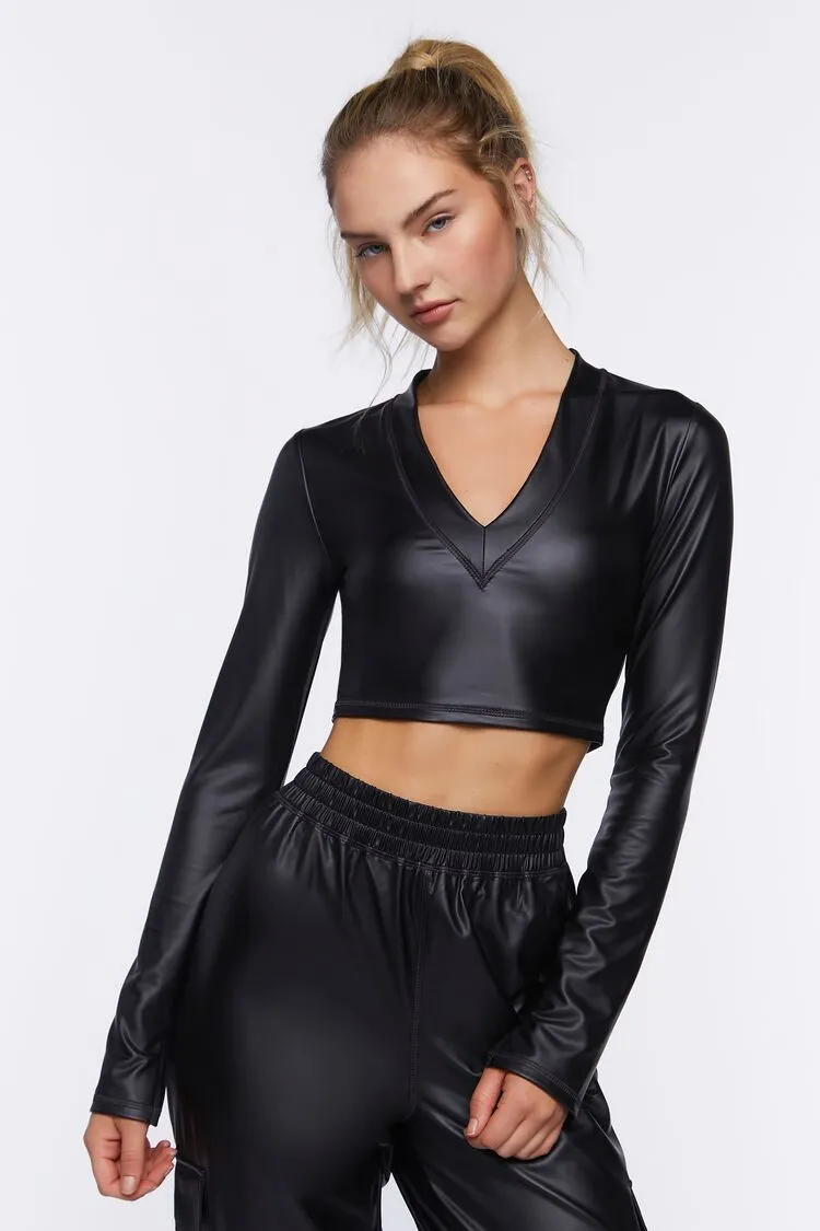 Forever 21 Haut court actif pour femmes en similicuir/noir Forever 21