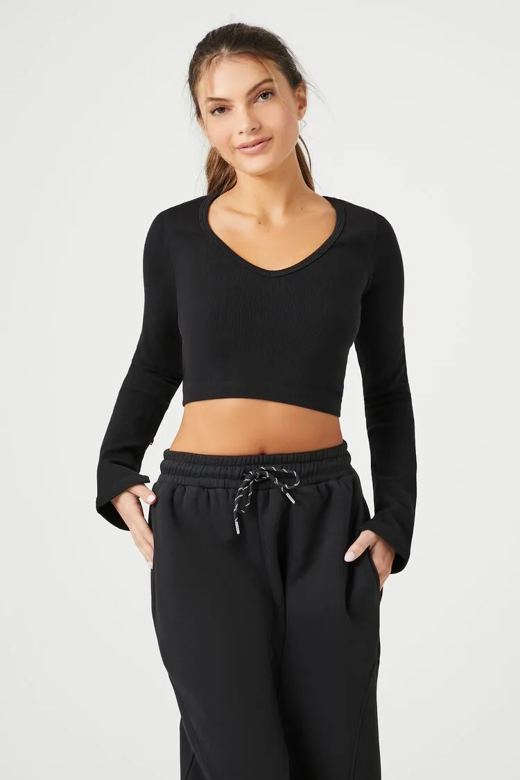 Forever 21 Haut de Crop Femme Actif Sans Coutures à Manches Longues Noir Forever 21