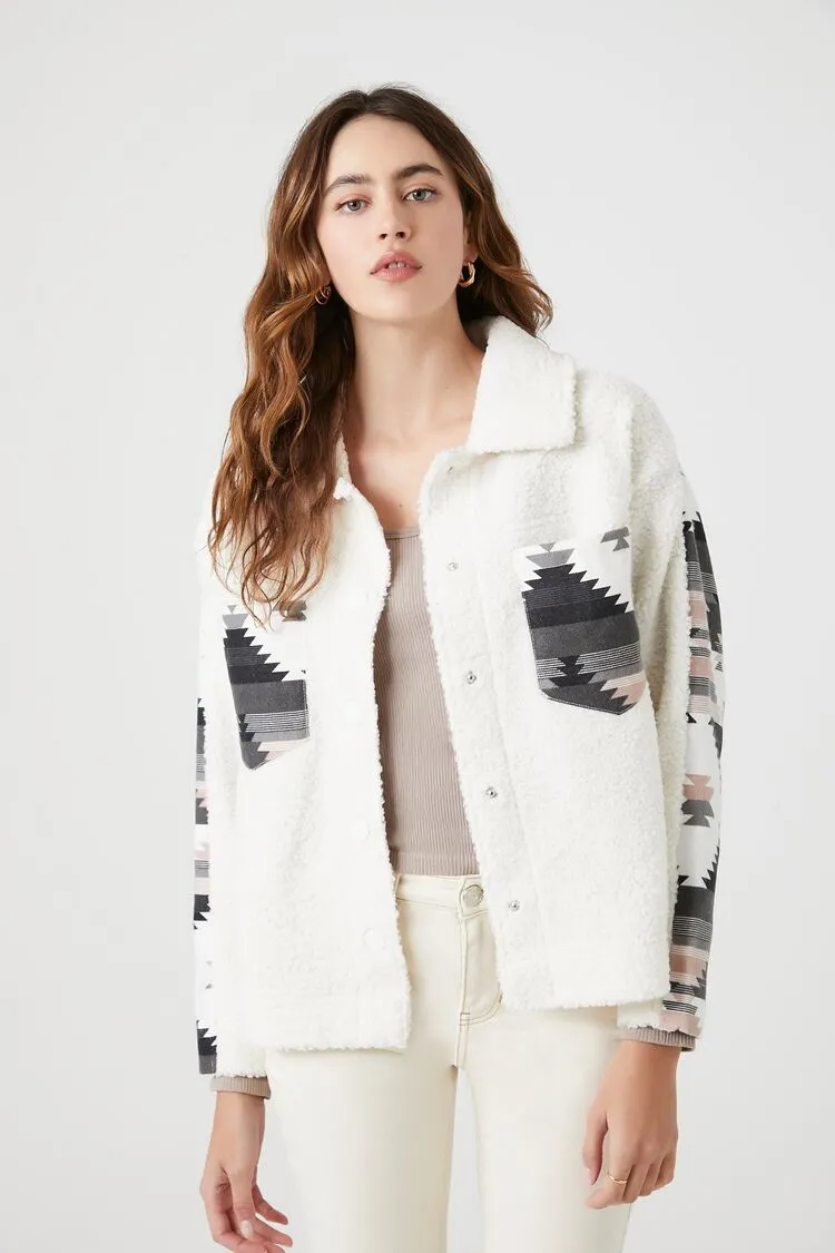 Forever 21 Veste Femme Imprimé Géométrique Fausse Daim/Polaire Ivoire/Multicolore Forever 21