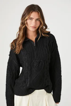 Pull Femme Forever 21 à Demi-Zip et Motifs Câblés Noir