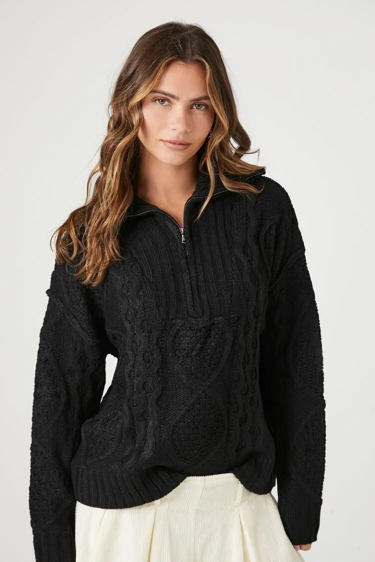 Pull Femme Forever 21 à Demi-Zip et Motifs Câblés Noir