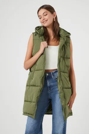 Veste matelassée à capuche longue pour femmes Forever 21 Olive