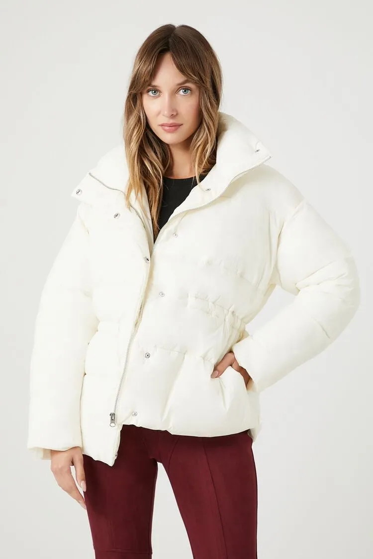 Forever 21 Veste matelassée à boutons-pression pour femmes en ivoire