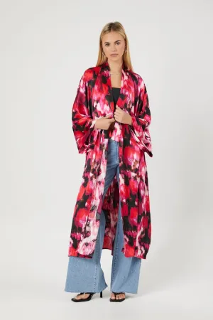 Forever 21 Kimono en satin pour femmes à motif abstrait Rouge/Multicolore Forever 21