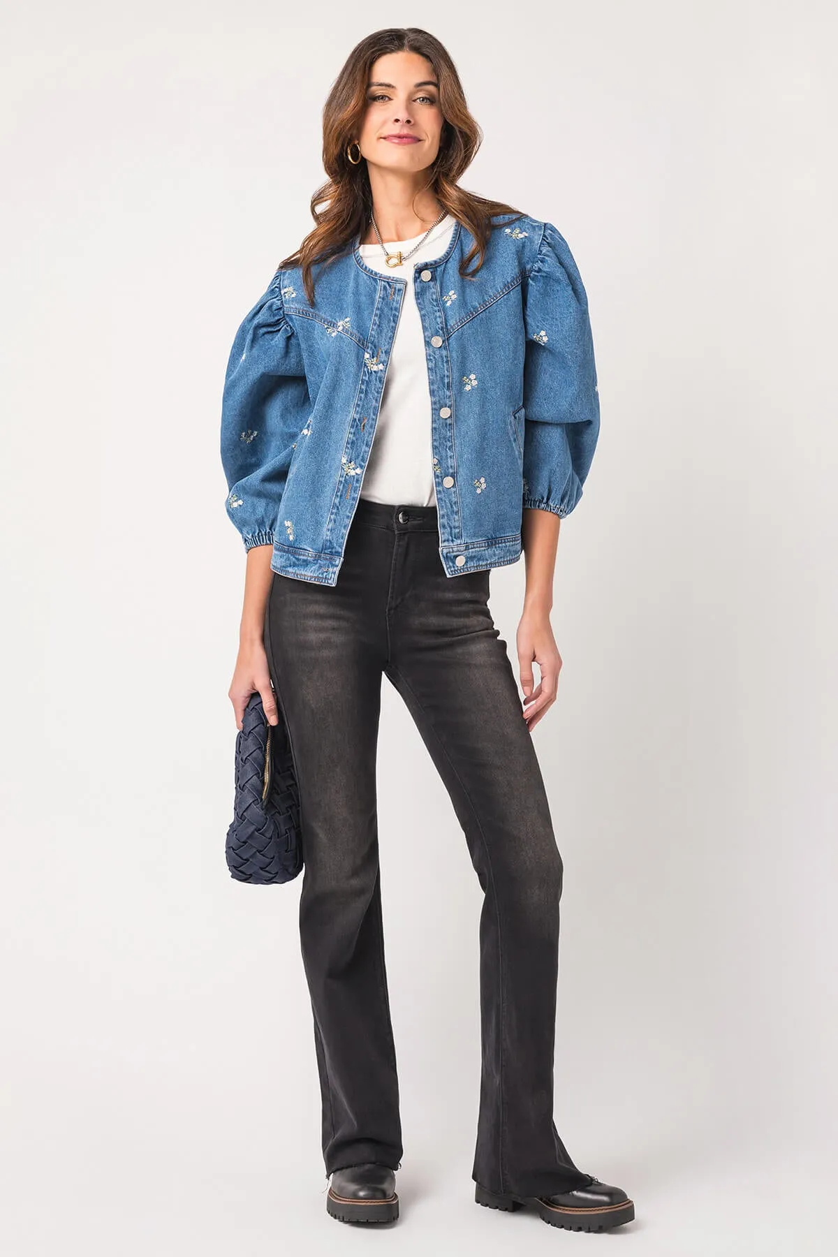 Veste en jean brodé Heyson à manches bouffantes