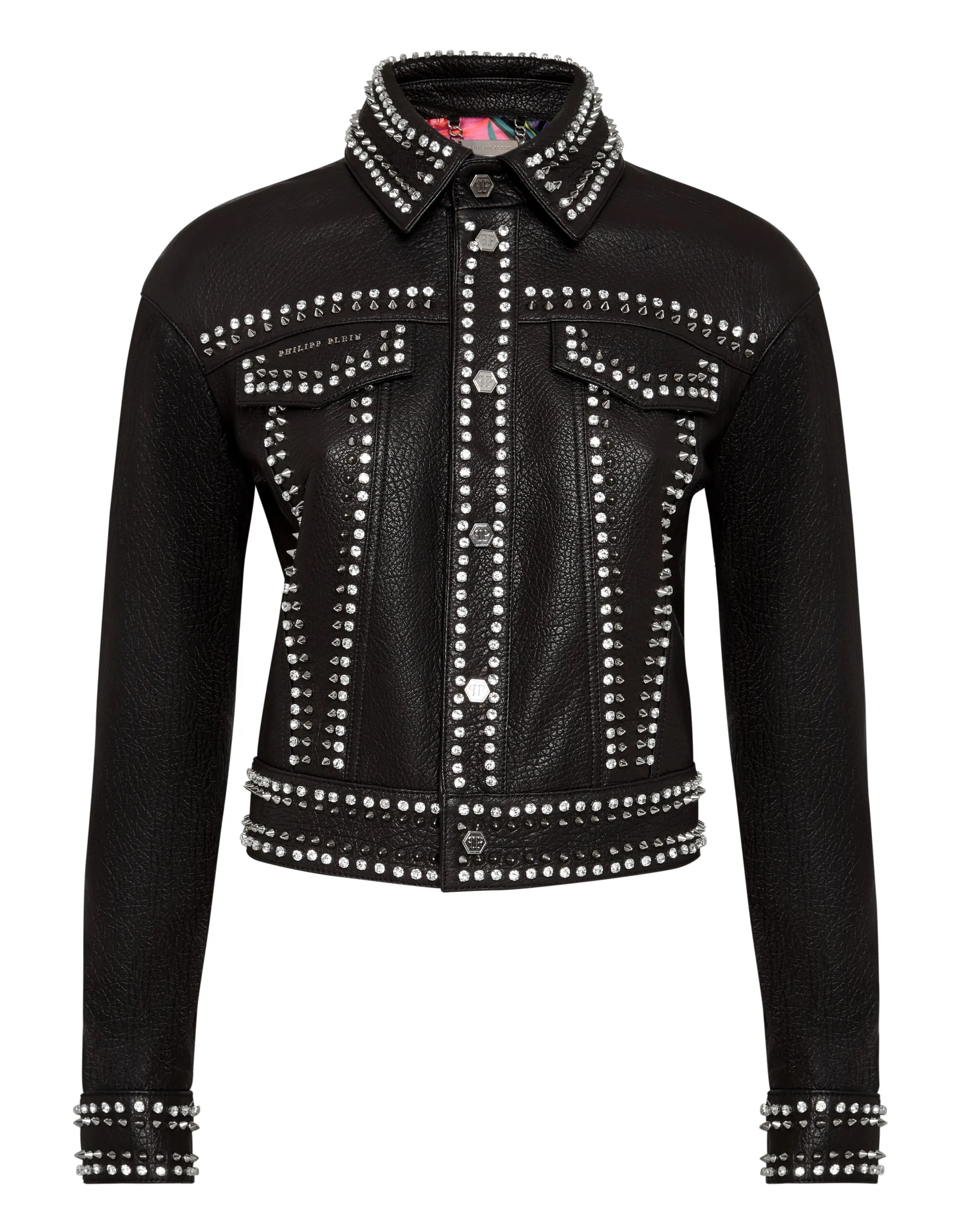 Veste en cuir à clous et motif crâne