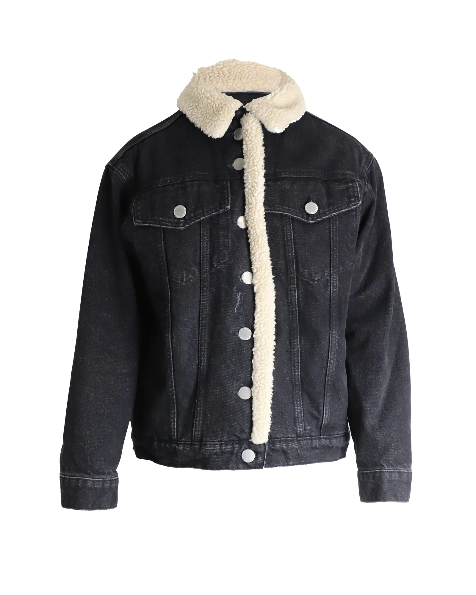 Veste en jean noir en coton Maje Balta avec garniture en fausse peau de mouton