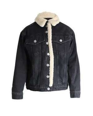 Veste en jean noir en coton Maje Balta avec garniture en fausse peau de mouton