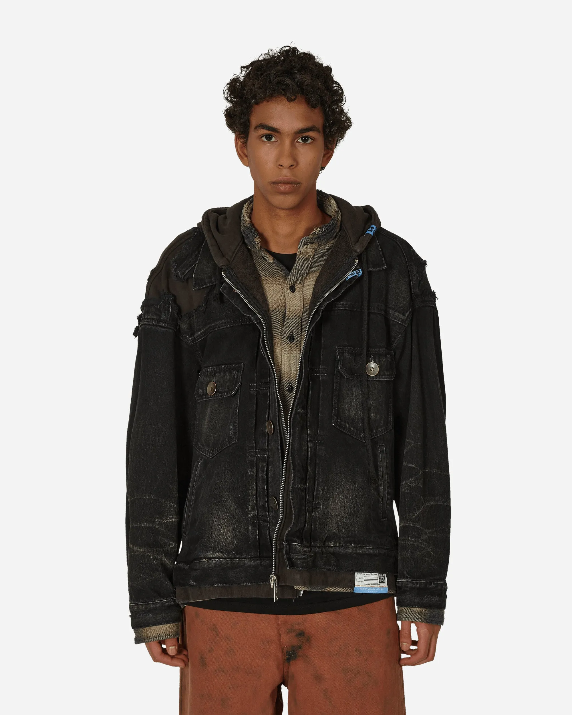 Veste en denim mélangé noir à motifs superposés