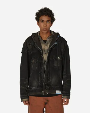 Veste en denim mélangé noir à motifs superposés