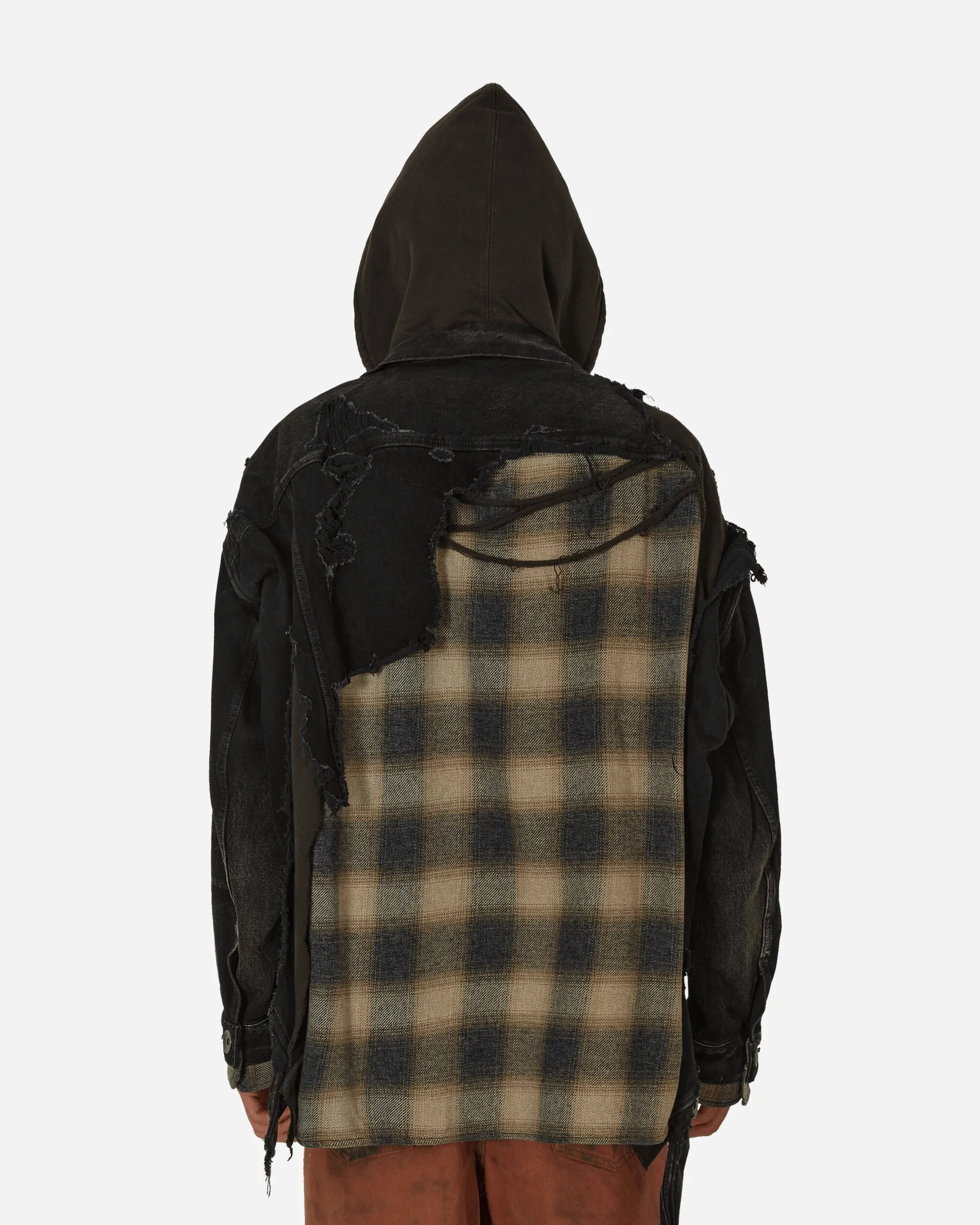 Veste en denim mélangé noir à motifs superposés