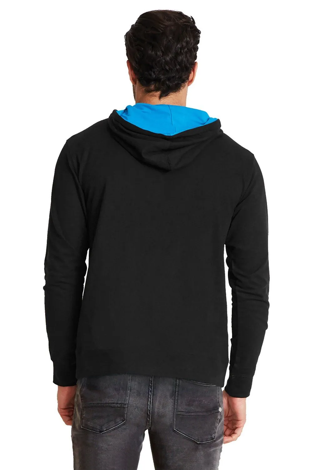 Sweat à capuche en molleton français pour hommes de niveau supérieur avec poche kangourou - Noir/Bleu turquoise