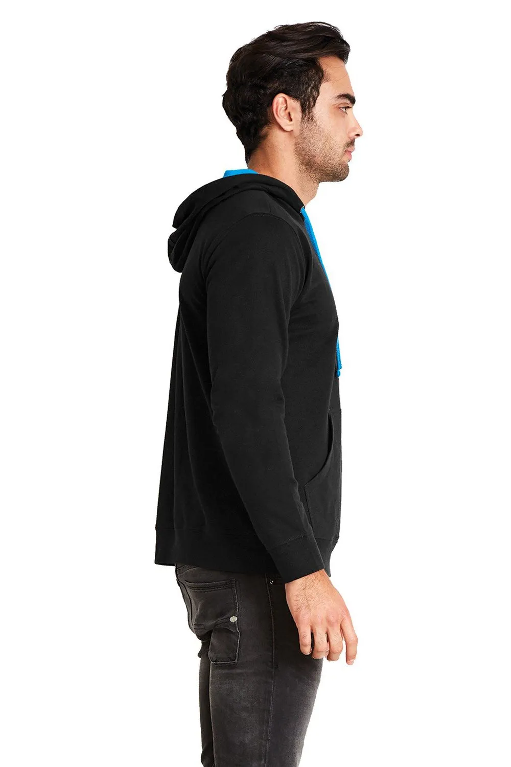 Sweat à capuche en molleton français pour hommes de niveau supérieur avec poche kangourou - Noir/Bleu turquoise