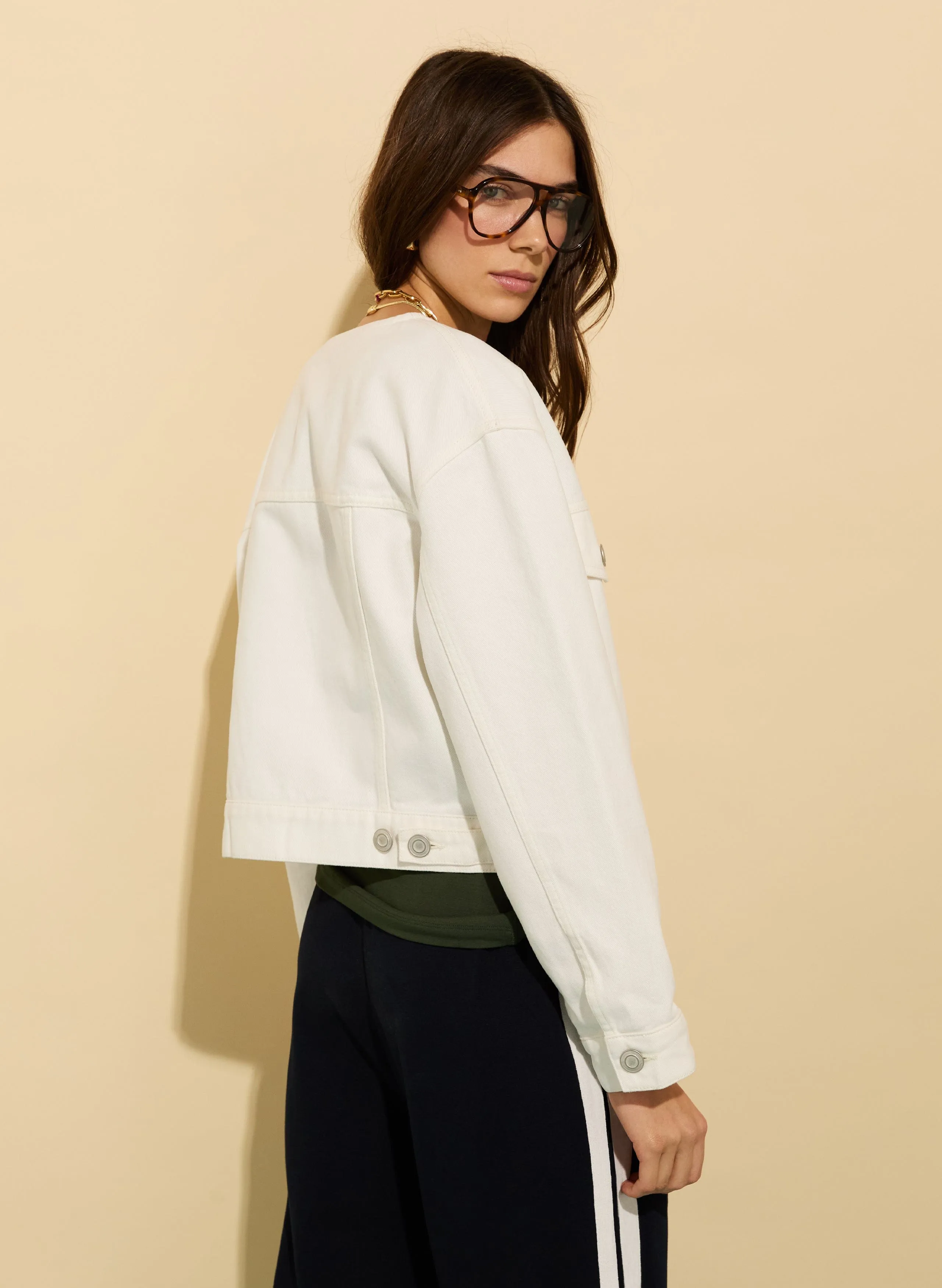 Veste en denim sans col en coton bio Nova | Blanc doux