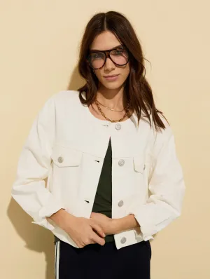 Veste en denim sans col en coton bio Nova | Blanc doux