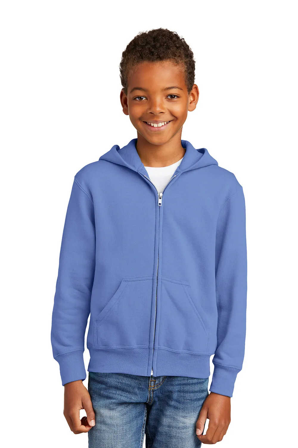 Port & Company Sweat à capuche en polaire résistant aux pilules pour jeunes avec fermeture éclair complète et poches - Bleu Caroline