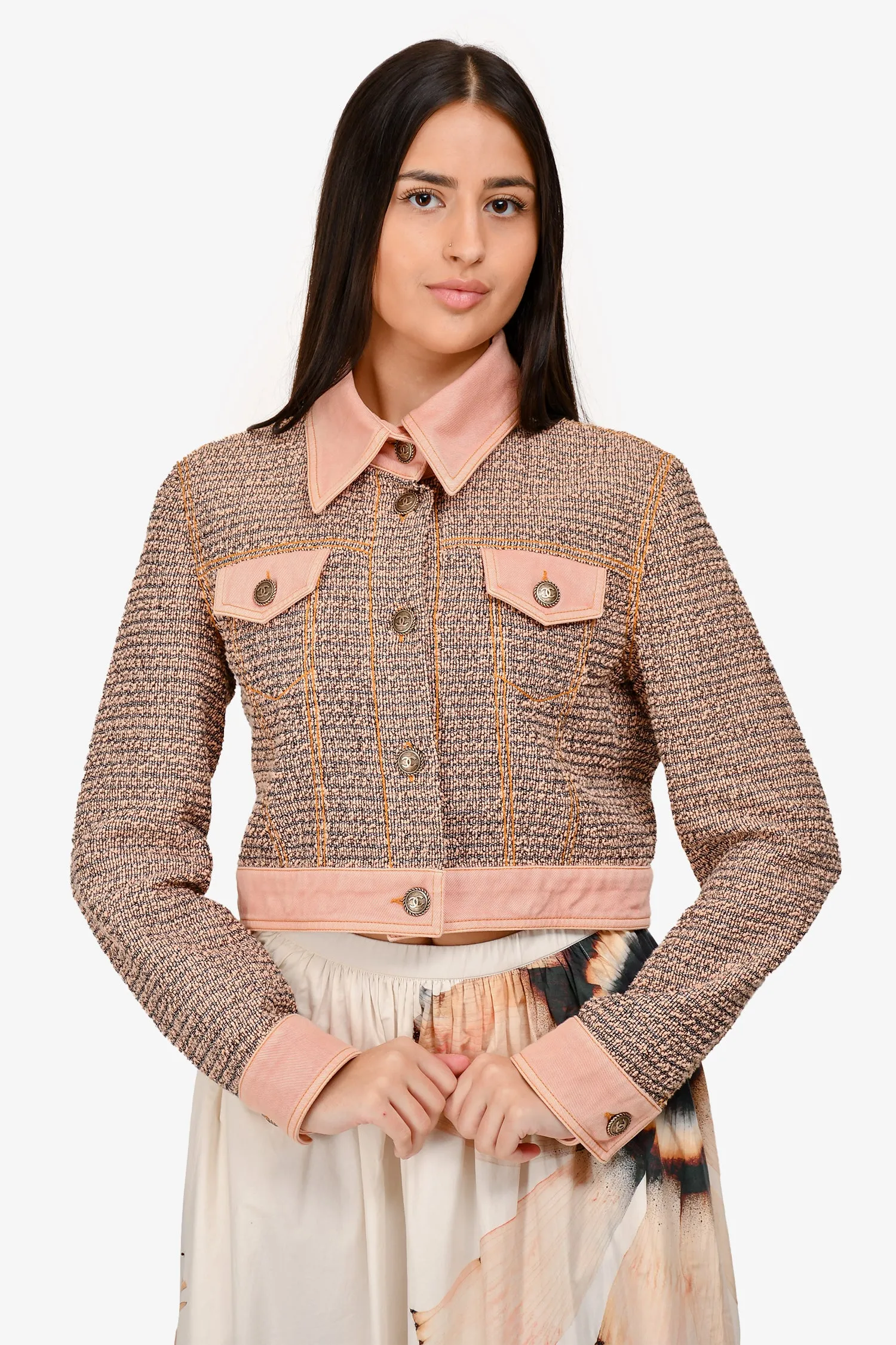 Veste en jean coupée en coton rose Chanel™ défilé 2018 taille 40 d'occasion