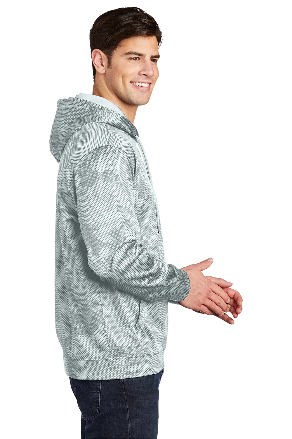Sport-Tek Sweat à capuche pour homme en polaire camouflage hex avec technologie d'évacuation de l'humidité et poche kangourou - Blanc