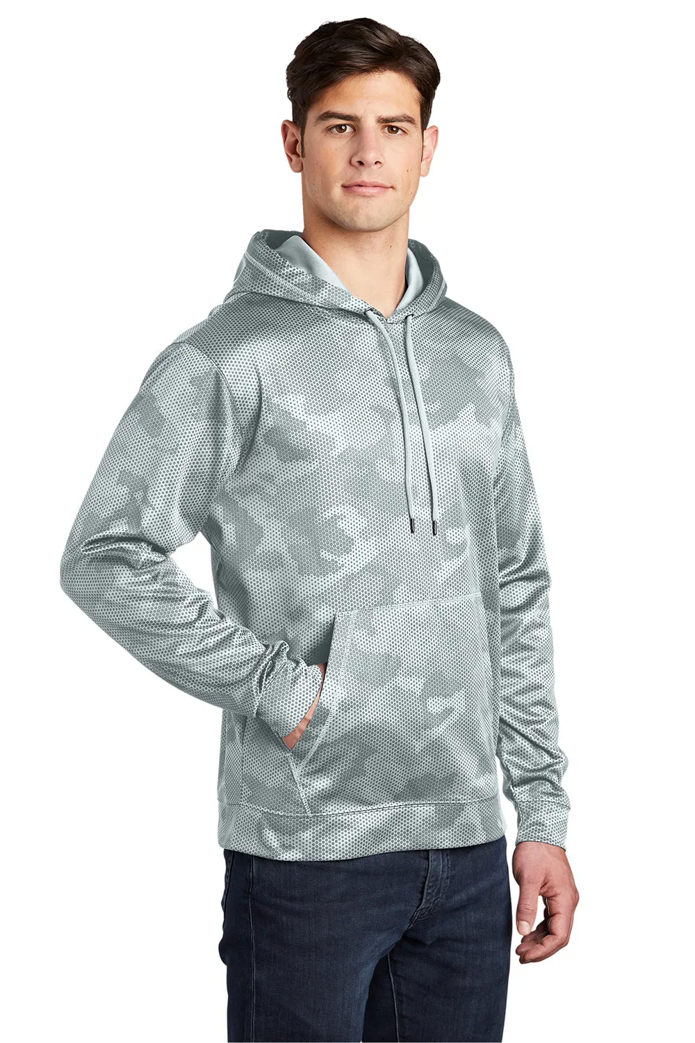 Sport-Tek Sweat à capuche pour homme en polaire camouflage hex avec technologie d'évacuation de l'humidité et poche kangourou - Blanc