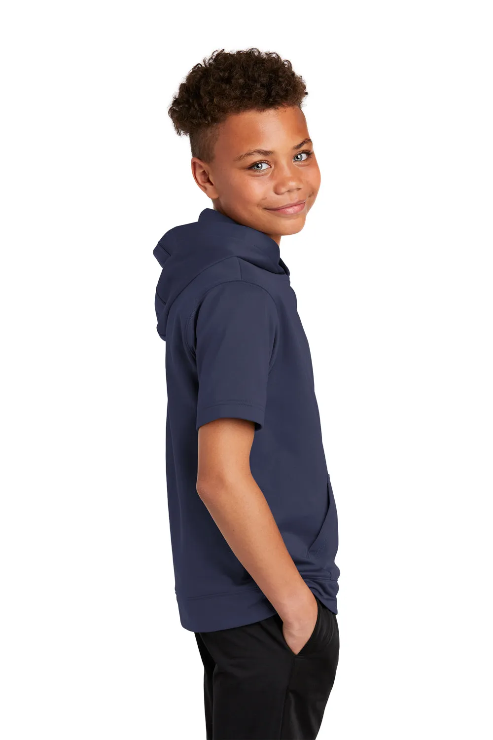 Sport-Tek Sweat à capuche pour jeunes en polaire respirante à manches courtes avec poche kangourou - Bleu marine