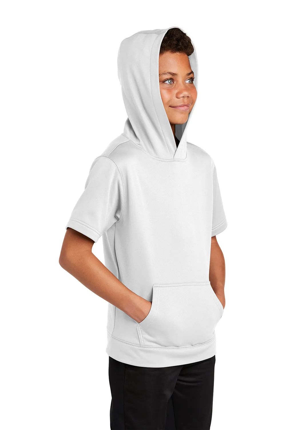 Sport-Tek Sweat à capuche pour jeunes en polaire à manches courtes avec poche kangourou - Blanc