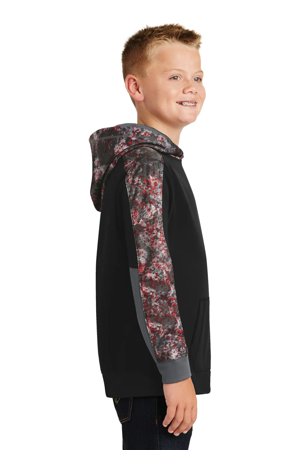 Sport-Tek Sweat à capuche pour jeunes en polaire absorbant l'humidité Mineral Freeze avec poche kangourou - Noir/Rouge foncé - Liquidation