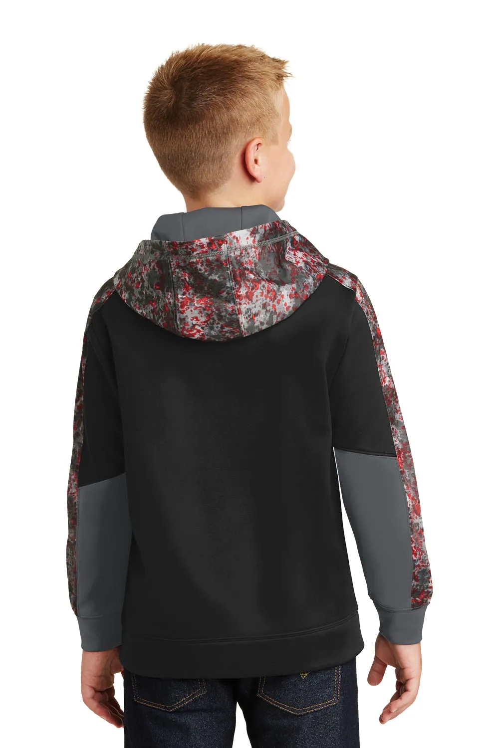 Sport-Tek Sweat à capuche pour jeunes en polaire absorbant l'humidité Mineral Freeze avec poche kangourou - Noir/Rouge foncé - Liquidation