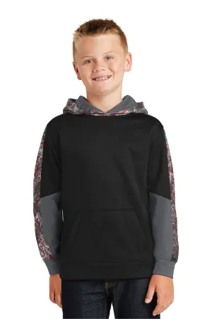 Sport-Tek Sweat à capuche pour jeunes en polaire absorbant l'humidité Mineral Freeze avec poche kangourou - Noir/Rouge foncé - Liquidation