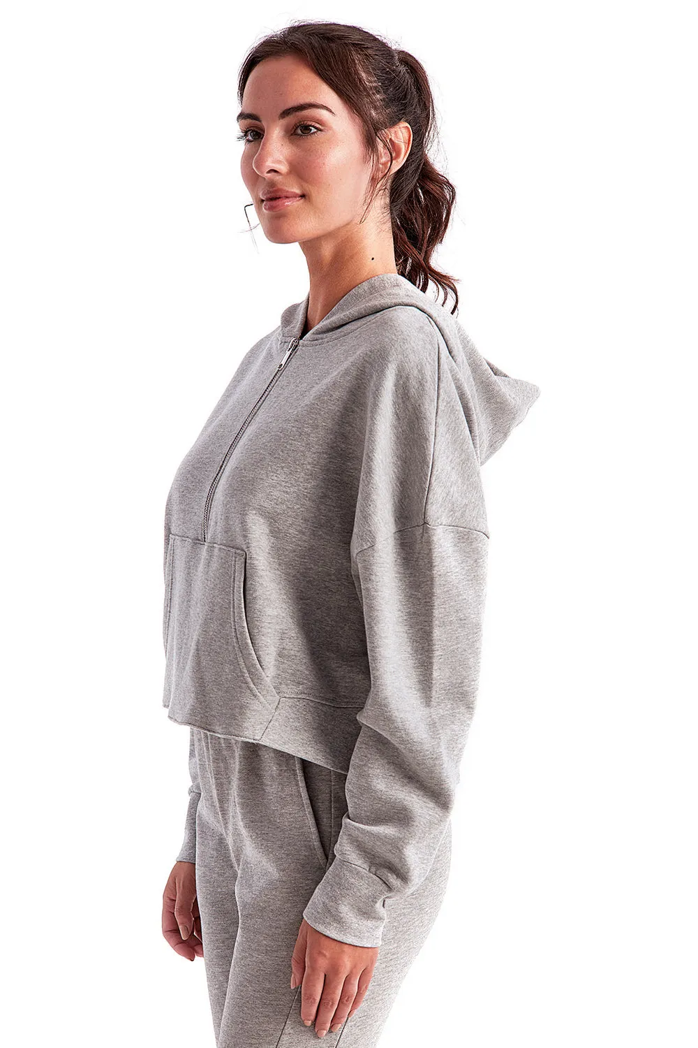 TriDri Sweat à capuche pour femmes Alice avec poche kangourou et fermeture 1/4 - Gris chiné