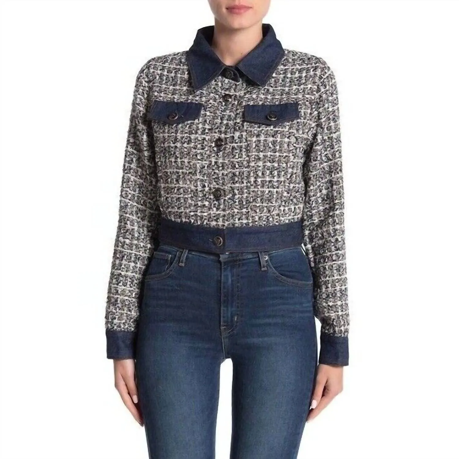 Veste courte en jean contrasté bleu à paillettes en tweed