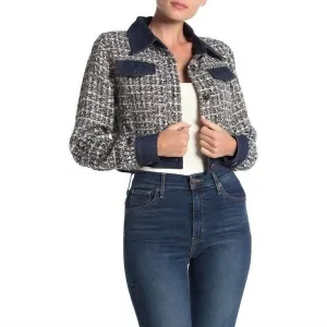 Veste courte en jean contrasté bleu à paillettes en tweed