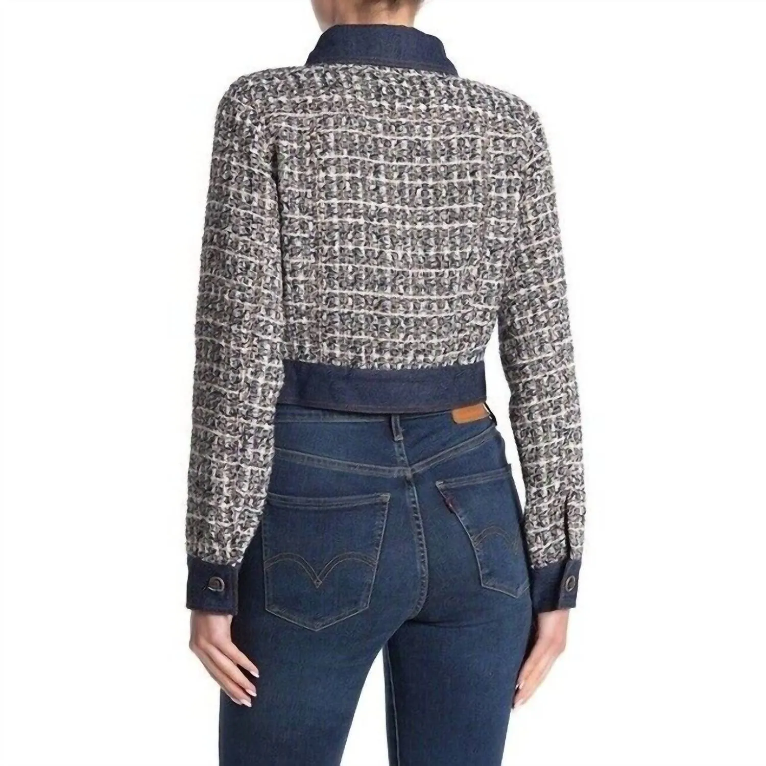Veste courte en jean contrasté bleu à paillettes en tweed