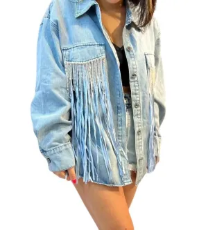 Tyra Veste en Jean à Double Frange en Jean Délavé Clair