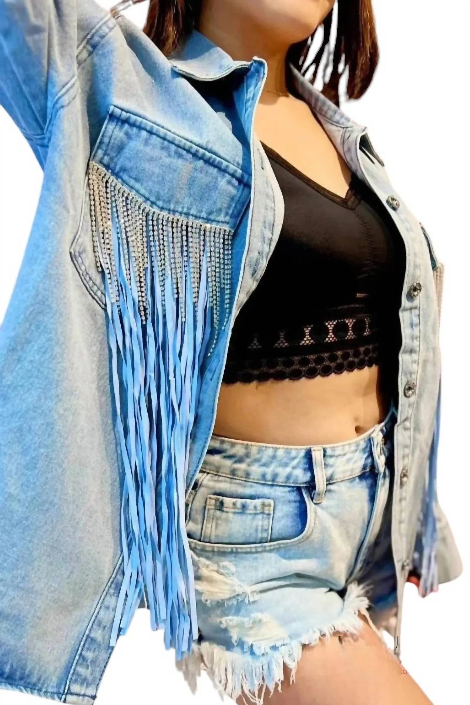 Tyra Veste en Jean à Double Frange en Jean Délavé Clair