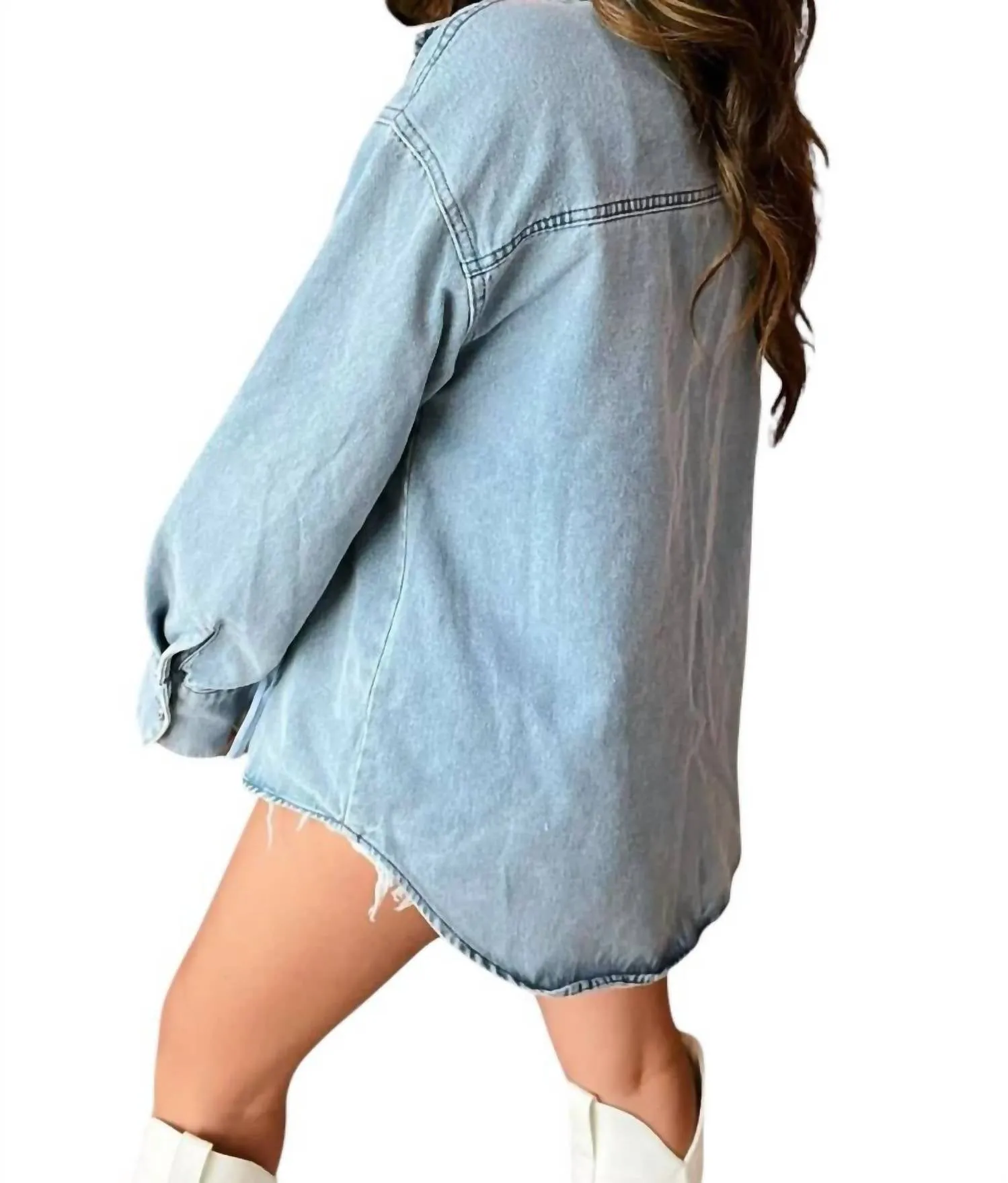Tyra Veste en Jean à Double Frange en Jean Délavé Clair