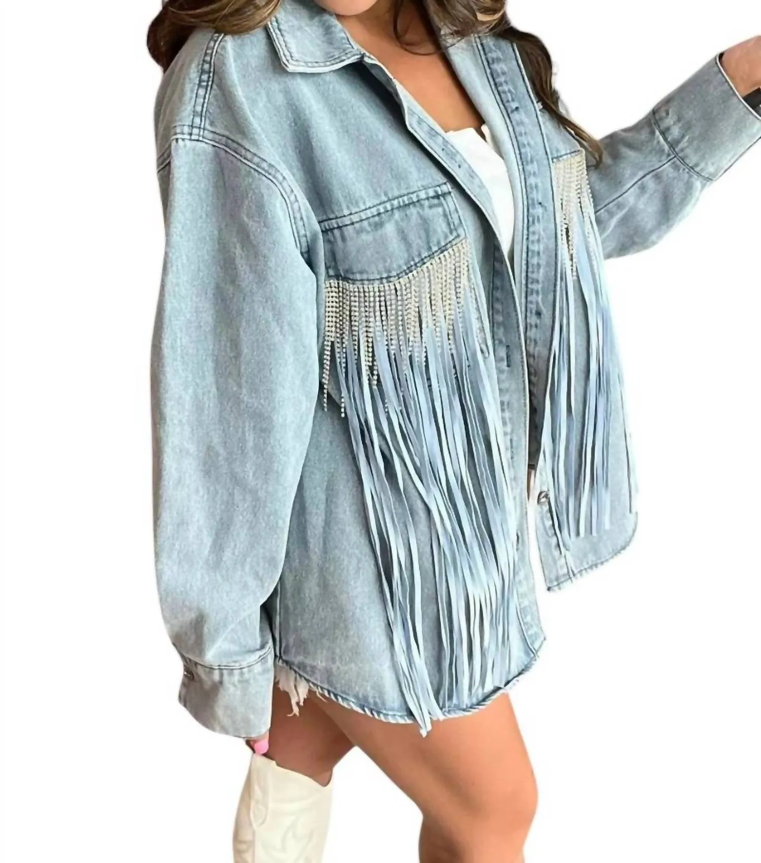 Tyra Veste en Jean à Double Frange en Jean Délavé Clair