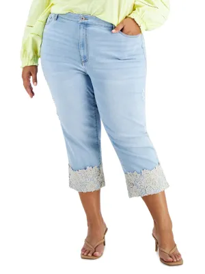 Jeans déchirés femme à ourlet en dentelle, bleu clair