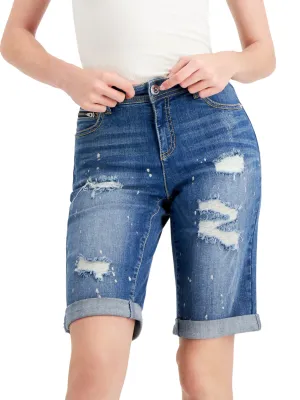 Short en jean délavé déchiré pour femme, Bleu
